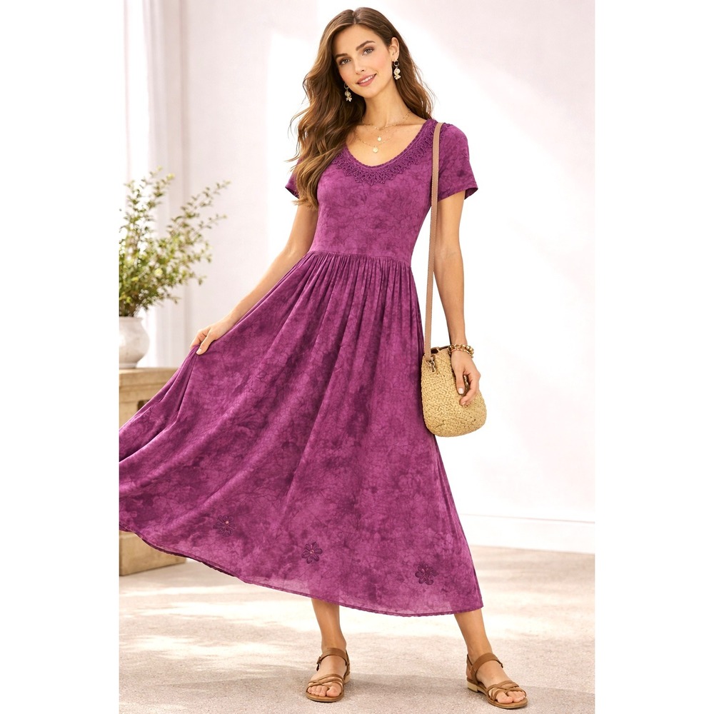 Vintage Tickets Purple Tie Dye Maxi Dress Lace Trim‎ Empire Waist Small Made USA